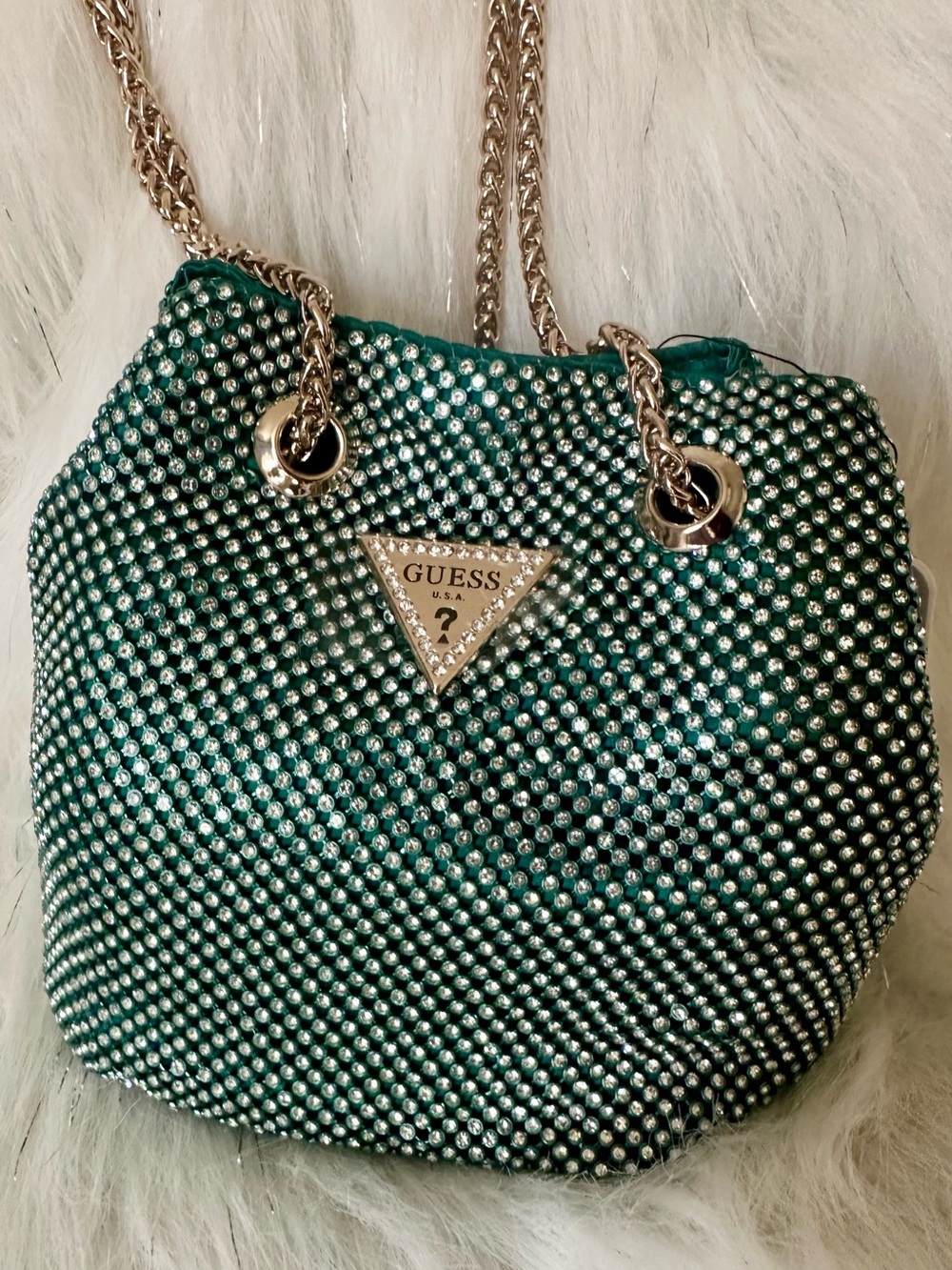 GUESS Emerald Green Crystal-Embellished Shoulder Bag with Gold Chain